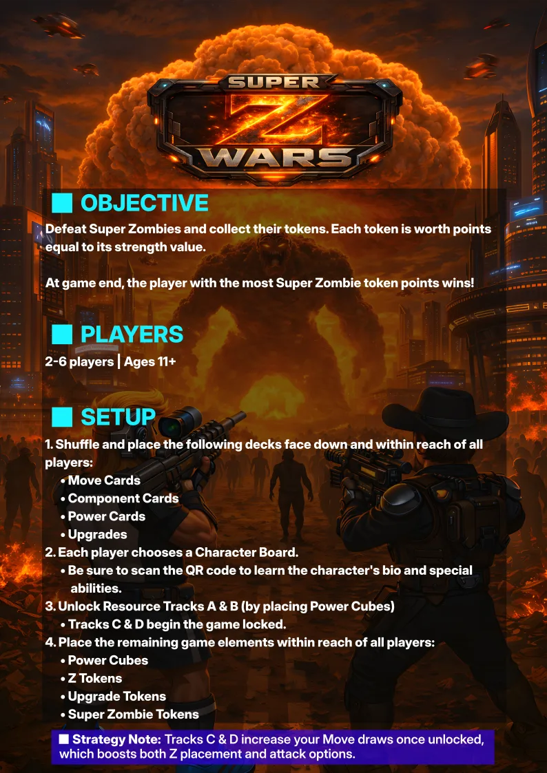 Official Super Z Wars rulebook page covering the objective, players, and setup